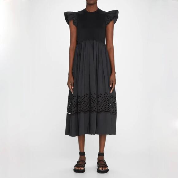 Tanya Taylor Faye Ruffle-Sleeve A-Line Midi Dress - Black - Size M - Picture 1 of 6